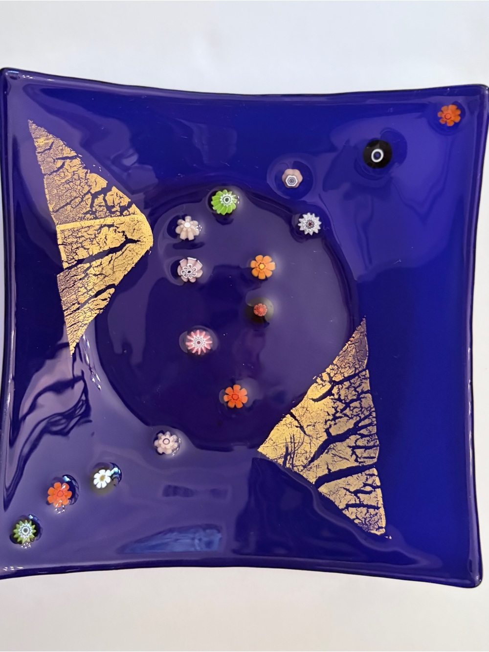 Cobalt Blue Art Glass Trinket Dish Millefiori Flowers & Gold Inlay 5” Square